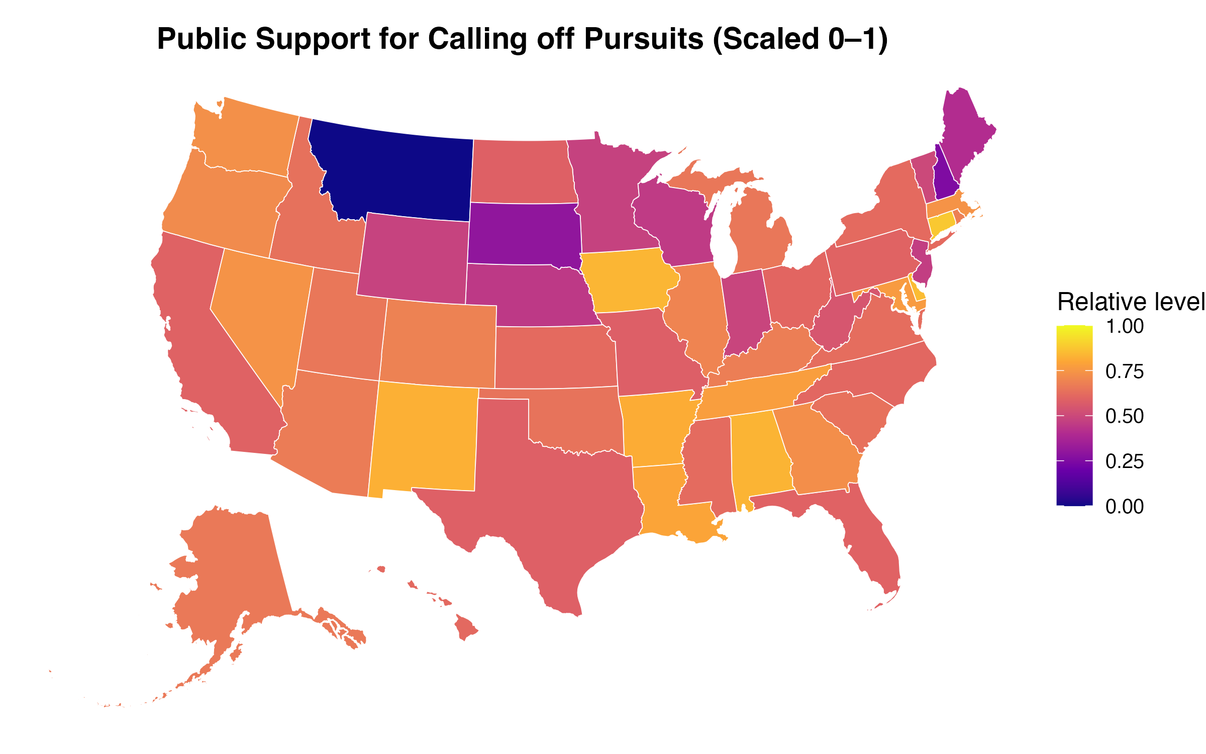 Map of state-level support for calling off police pursuits